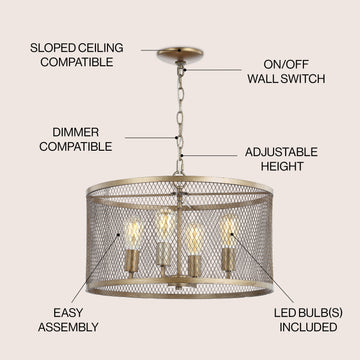 Pen 20" Iron Adjustable Industrial Mesh LED Pendant - JONATHAN Y